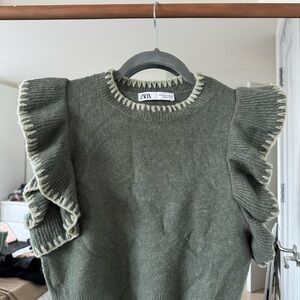 Zara Olive Ruffle-Trim Knit Pullover